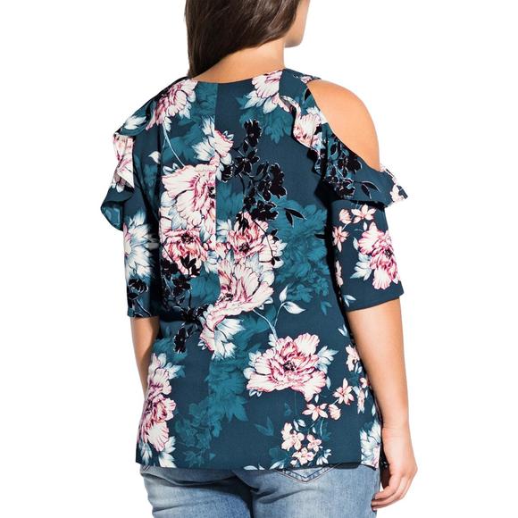 City Chic Womens Blue Ruffled Floral Blouse Top Shirt Plus NWT - Picture 2 of 2